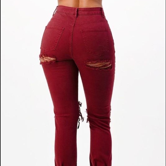 Ankle Tied Jeans available in Burgundy, high rise stretch fabric front destroyed - Picture 3 of 4